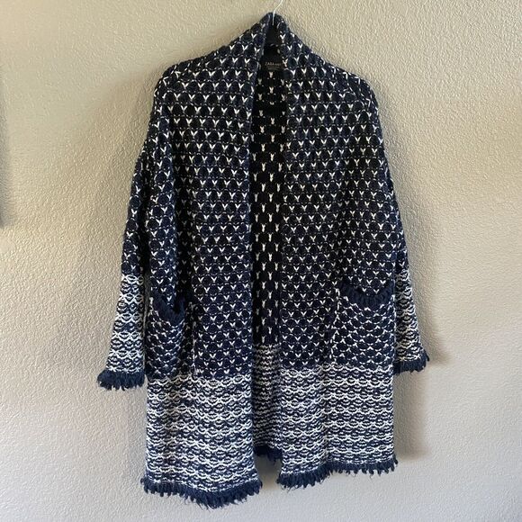 Zara Sweater CoatIigan Blue White Oversized Jacquard Fringe Open Duster boho - Picture 2 of 12